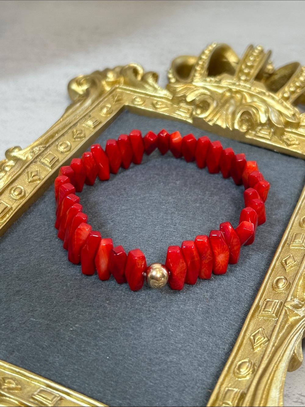 Sage Goddess Bold Red Genuine Coral Stretch Bracelet with Gold Accent Bead